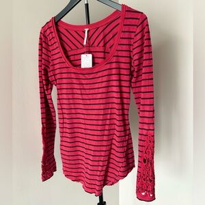 Free People Striped Red and Black Hard Candy Embellished Women's Top